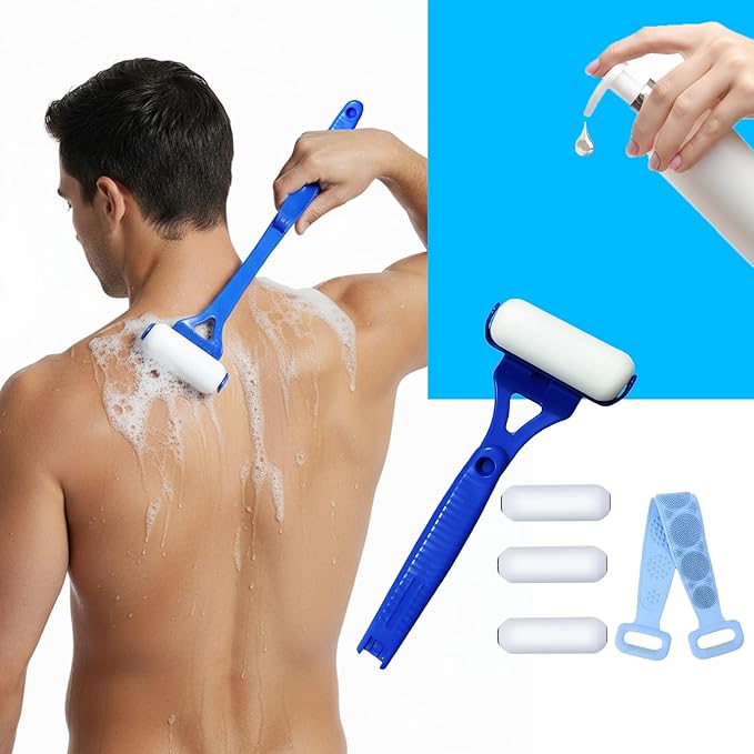 Lotion Applicator for Back & Body, Sunscreen Application Roller (3 Reusable Foam Rollers) with Long Reach Folding Handle and Silicone Body Scrubber - Apply Lotion, Moisturizer, Cream, Ointment,Blue