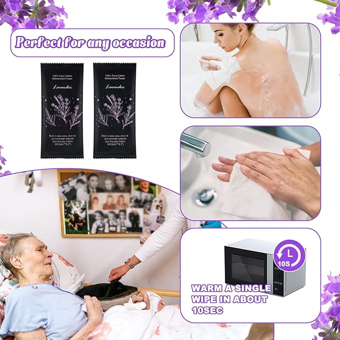 Hot or Cold Moist Cotton Towel Bulk Moist Towelettes Individually Wrapped 8.7" x 8.7",White Towel Services,Refreshment Pre Moistened Towels Lavender Scent for Travel Sport Party Spa Dentist Hotel100