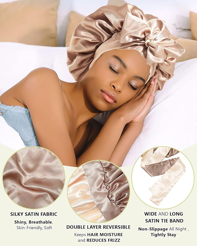 Satin Bonnet Silk Hair Wrap for Sleeping - Reversible Cap with Tie Band Night Cap Double Layer for Curly Hair (Coffee + Champagne)