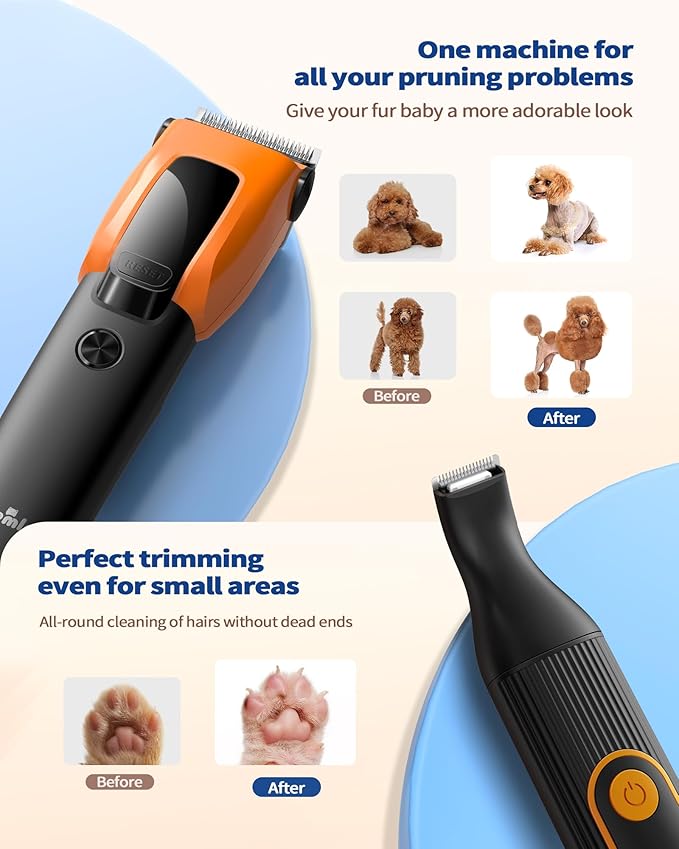 Dog & Cat Grooming Kit for Thick Coats, Heavy Duty Rechargeable Trimmer with LED Display & Storage Bag (Orange, 2 in 1)