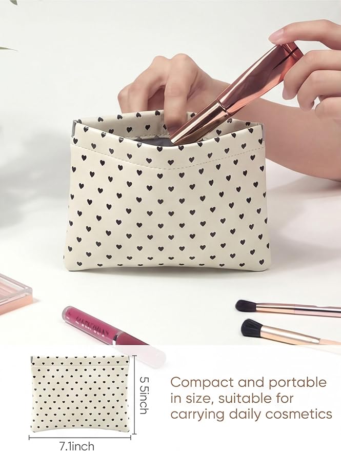 Hearts Leather Makeup Pouch Set for Women Small Make Up Bag for Purse Waterproof Initial Makeup Cosmetic Bags Pouches for Purse Aesthetic Travel Toiletry Bag,Heart White