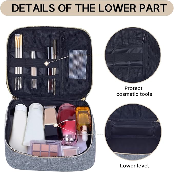 Double Layer Makeup Bag Portable Large Cosmetic Case Organizer with Adjustable Dividers Storage Travel Bag for Accessories Brushes Conditioner and Skin Care Products (Gray Gold)