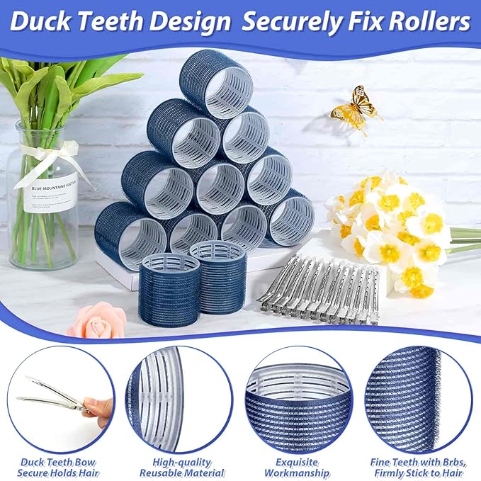 Jumbo Hair Curlers Rollers, 12Pcs Hair Roller Curlers Self Grip Holding Rollers with 12 Stainless Steel Duckbill Clips for Long Hair Volume (Navy Blue)