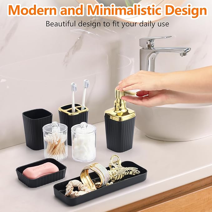 Black Bathroom Accessories Set,9 Piece Black Bathroom Accessory Set with Toothbrush Holder, Trash Can, Lotion Soap Dispenser, Toothbrush Cup, Vanity Tray, Soap Dish, Toilet Brush, Qtip Holder