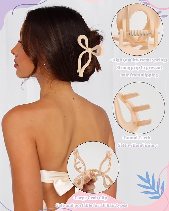 4 PCS Bow Hair Clips Bow Claw Clip for Women Nonslip Large Hair Claw Clips for Thin and Thick Hair Strong Hold Hair Bows (Purple+Rose red+Orange+Light brown)