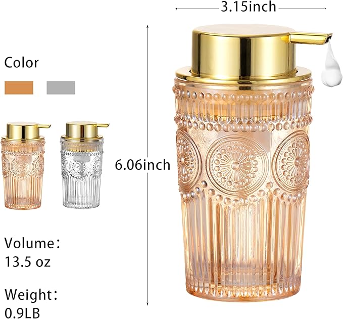Foaming Hand Soap Dispenser, Glass Foam Toothbrush Holder, Refillable Liquid Lotion Dispenser (L-Gold-Lotion)