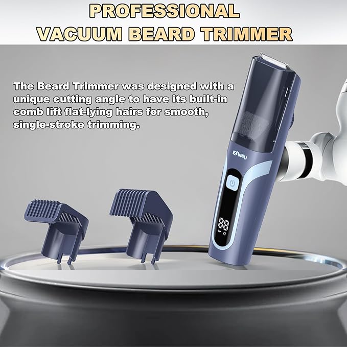 Beard Trimmer for men, Vacuum Mustache Trimmer with Type-C Charging, IPX7 Waterproof Electric Shaver Body Hair Trimmer for Men with LCD Display, Length Adjustable Blade Wheel (1/25"-4/5") (Blue)