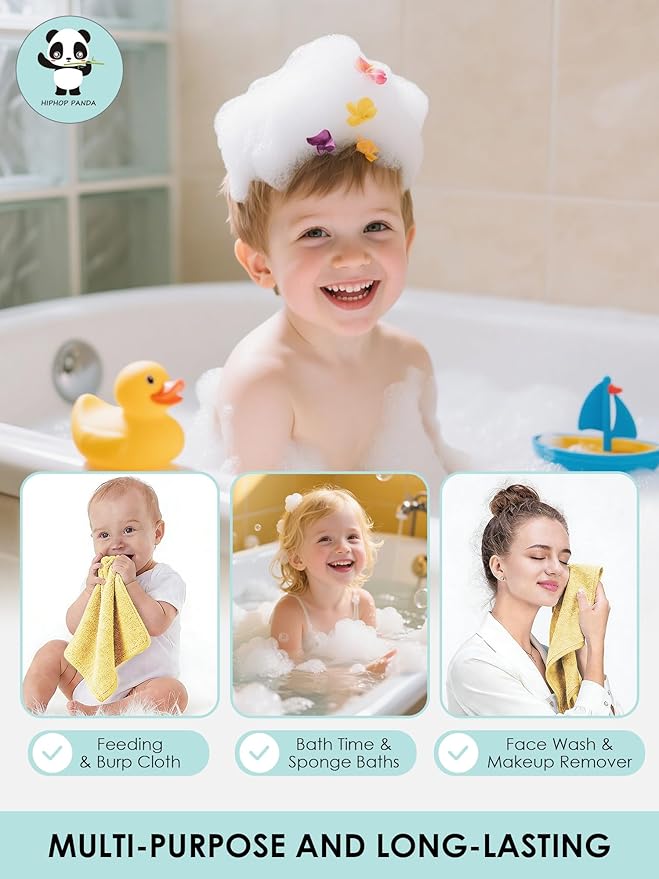 HIPHOP PANDA Baby Washcloths, Rayon Made from Bamboo - 2 Layer Ultra Soft Absorbent Newborn Bath Face Towel - Reusable Baby Wipes for Delicate Skin - Yellow, 6 Pack