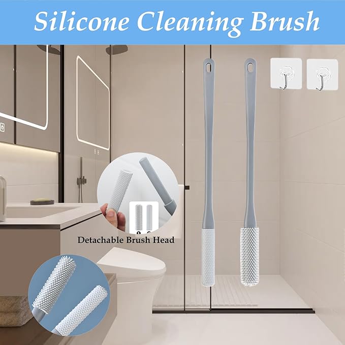Toe Cleaning Brush, 15.7" Foot Scrubber with Long Handle - Shower Foot Brush Soft Feet Care Scrub Toe Scrubber for Exfoliating - Men, Women & Seniors (Gray)