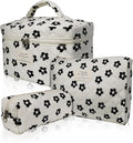 3pc Makeup Bag Set, Quilted Makeup Bag Set, Large Floral Cosmetic Bag for Women, Cute Cotton Makeup Bags, Flower Travel Toiletry Organizer Bag (Black Flowers)