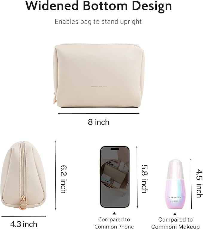 Aveniee Travel Makeup Bag, Large Toiletry Bag for Women, Vegan Leather Travel Pouches Case, Make Up Bag for Travel Essentials Brushes, Cosmetic Bag Purse Organizer with Divider and Gold Zippers(Cream)