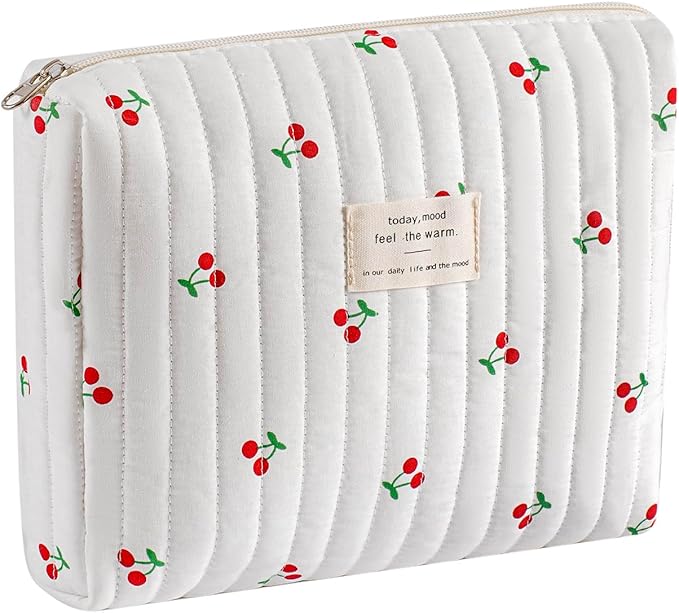 uekeboag Quilted Cotton Makeup Bag,Coquette Quilted Toiletry Bag for Women and Girls,Floral Coquette Pouch,Cute Kawaii Travel Cosmetic Bags(Striated Cherry)