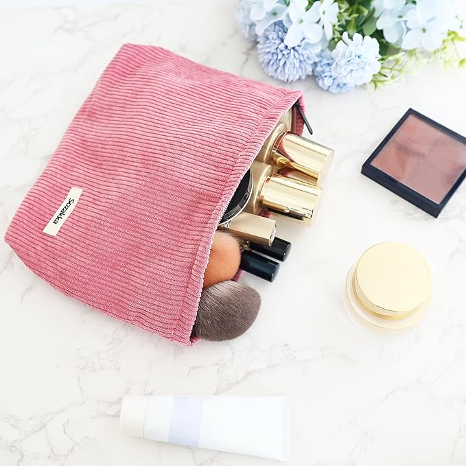 ZLFSQR Corduroy Makeup Bag for Women Small Corduroy Cosmetic Bag Large Cute Travel Makeup Pouch for Purse Pink Cloth Cosmetic Pouch Zipper Storage Organizer Canvas Toiletry Bags