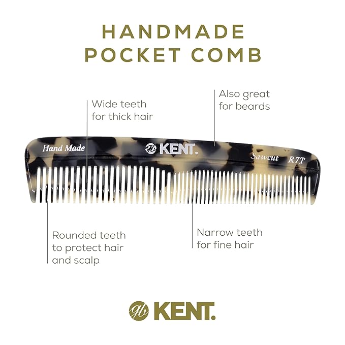 Kent R7T TW Fine and Wide Tooth Hair Comb, Handmade Pocket Comb for Men, Beard and Mustache Combs for Everyday Grooming and Styling, Sawcut Kent Combs, Made in England