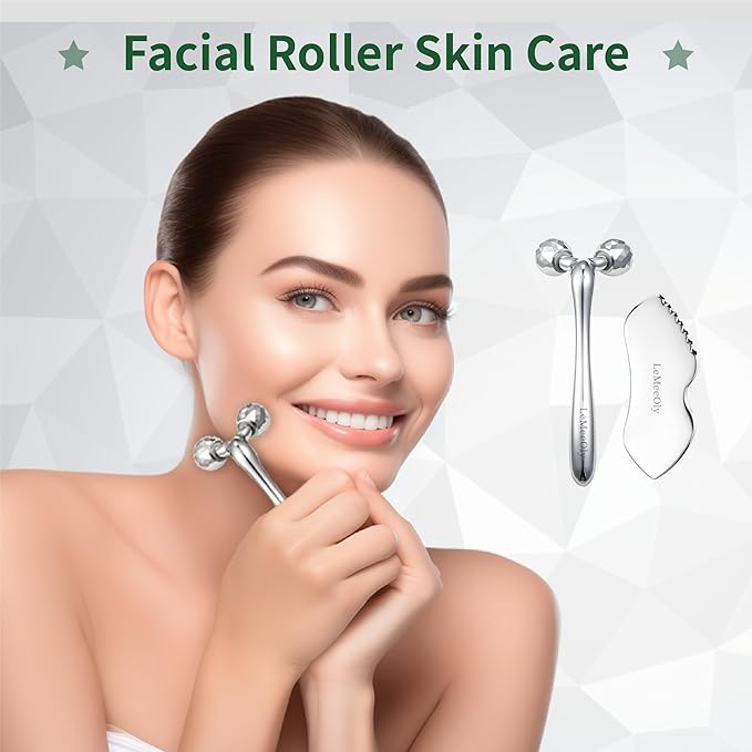 Stainless Steel Gua Sha Facial Tools Metal GuaSha Tool for Face Neck, Detailer Gua Sha Lymphatic Drainage Reduce Wrinkles Face Massage Tool, Gift for Women (Guasha & Face Roller)