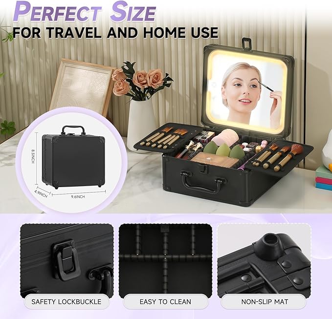 Leeora&Leekoo Makeup Case with Lighted Mirror, Portable Train Case Organizer for Makeup & Beauty Tools, Professional Cosmetic Storage Box (Black)