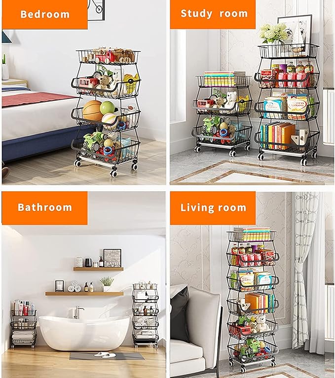 Metal Wire Baskets with Wheels, Stackable Storage Bins Kitchen Organizer Shelf 3-4-5-6 Tier Fruit Vegetable Cart Dishes Seasonal Rack Shelves for Garage, Pantry, Bathroom