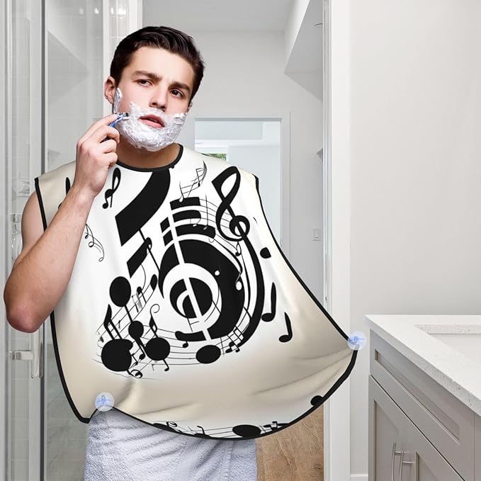 Music Note Print Beard Bib Apron For Men, Beard Hair Catcher For Men Shaving Trimming,Beard Cape Cloth, Black