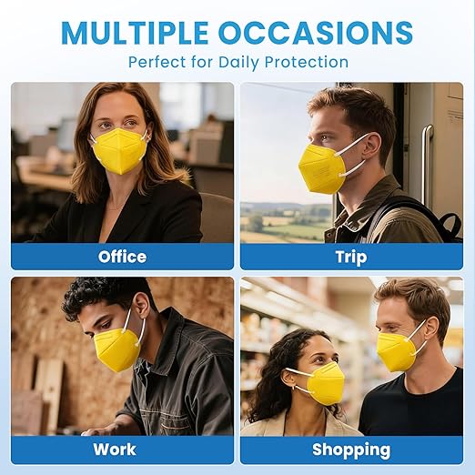 akgk KN95 Face Mask 50 PCS, Breathable Protection Masks, 5-Ply KN95 Yellow Masks, Cup Dust Safety Masks