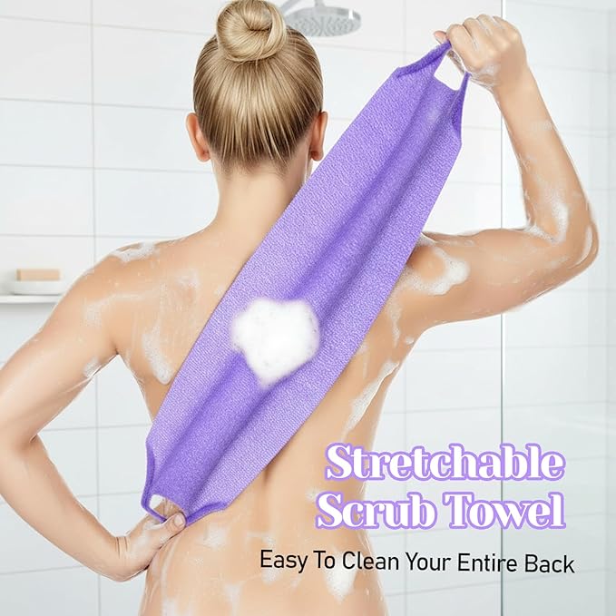 2 Pack Exfoliating Back Scrubber for Shower, Nylon Exfoliating Washcloth Back Washer for Shower with Handles, Stretchable Pull Strap Bath Scrubber for Body Women Men Clean Skin Deeply(Pink, Purple)