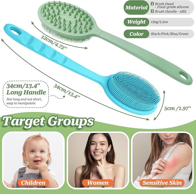 Silicone Back Washer for Shower, Gentle Silicone Back Scrubber for Lathering, Soft Silicone Loofah Bath Brush with Dual-Side & Detachable Brush Head, Good for Sensitive Skin(Green)
