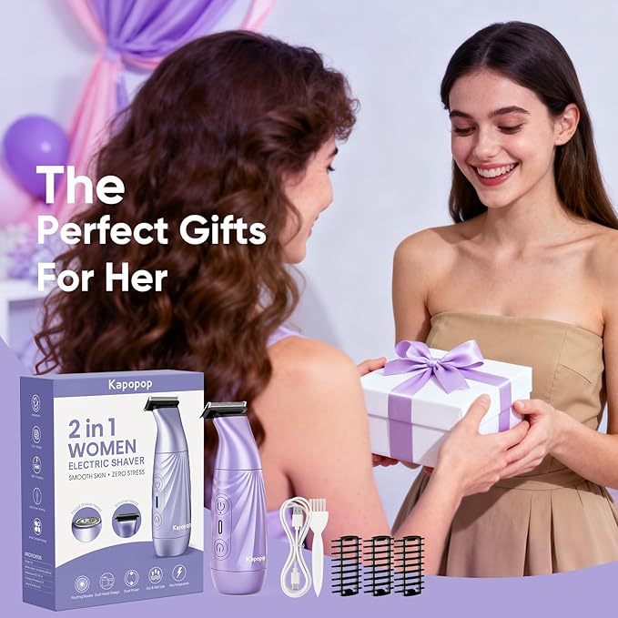 New Designed for Sensitive Skin Painless 2-in-1 Bikini Trimmer for Women,Dual Heads Electric Shaver & Razor for Body Pubic Underarm&Facial Hair,IPX7 Waterproof,Rechargeable Cordless Razor