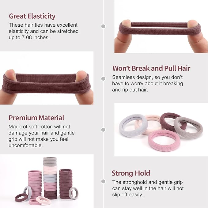Bessrung 100 Pcs Thick Seamless Hair Ties for Women Girls, Ponytail Holders, Pink, No Damage for Thick Hair, Suitable for Every Day Use