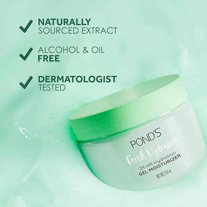 POND'S Fresh Hydration Gel Moisturizer – 24 HR Hydration with Aloe Vera Extract,Vitamin E & B3 Niacinamide – Alcohol & Oil-Free Face Moisturizer-– Dermatologist Tested,3.4 oz,(Pack of 2)