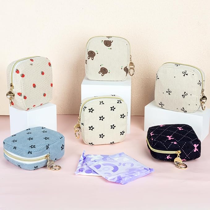 Cute Period Bag for Teen Girls, Corduroy Sanitary Napkin Storage Bag, Menstrual Pad Pouch Tampon Holder for Purse (Strawberry)