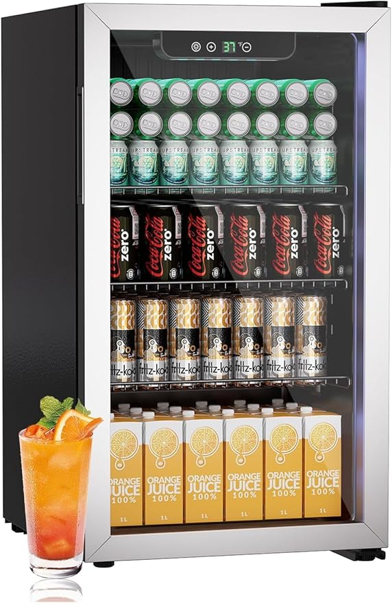 3.1 Cubic Feet/110 Can Beverage Refrigerator,17 Inch Fridge with Adjustable Shelve & LED Display for Soda Beer or Wine, Drink Refrigerator for Home Bar Office(Silver)