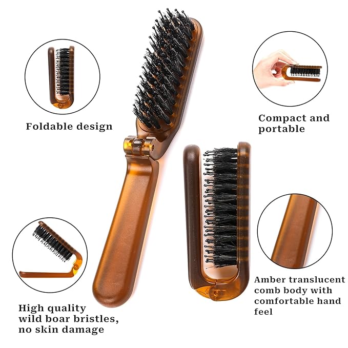 Sliverdew Hair Brush, Foldable Mini Boar Bristle Travel Hair Brush for Women and Men, Small Mini Compact Hairbrush Pocket Size Comb for Any Hairstyles, Restore Hair Shine, Beard Brush