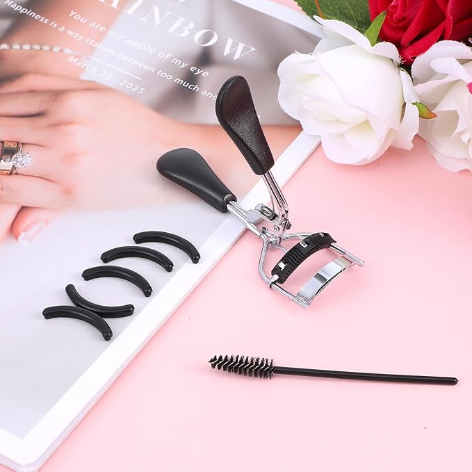 Eyelash Curler Kit Metal Eye Lashes Curler，Professional Makeup Tool with Built-in Comb Eye with 10 Replacement Refill Pads Get Dramatically Curled Eyelashes for Women Girl (Black)