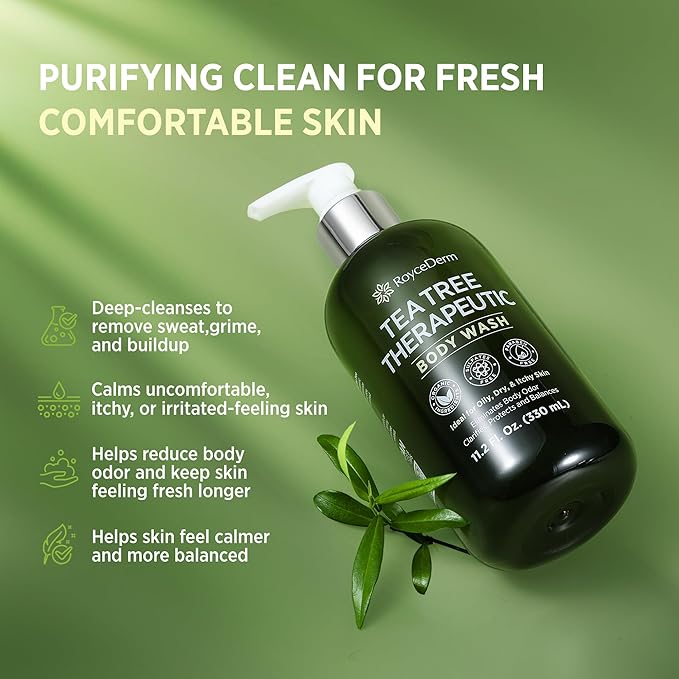 Roycederm Tea Tree Therapeutic Body Wash & Soap – Antibacterial Body Wash Odor Control Cleanser for Oily, Dry & Itchy Skin – Made in USA, 11.8 fl oz