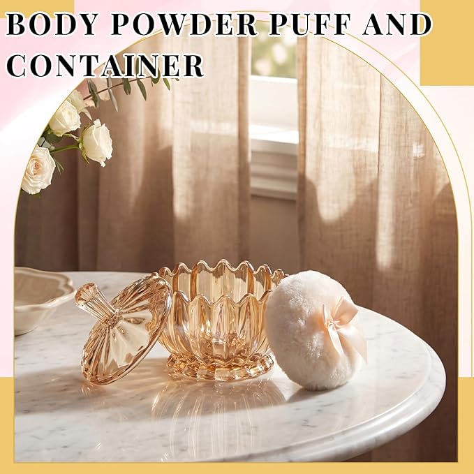 Tioncy 3 Pcs Large Body Powder Puff and Container Valentine's Day gift Powder Container with Puff Crystal Case Soft Washable Reusable Velour Face Body Glitter Wet Dry Makeup(Scalloped,Amber)