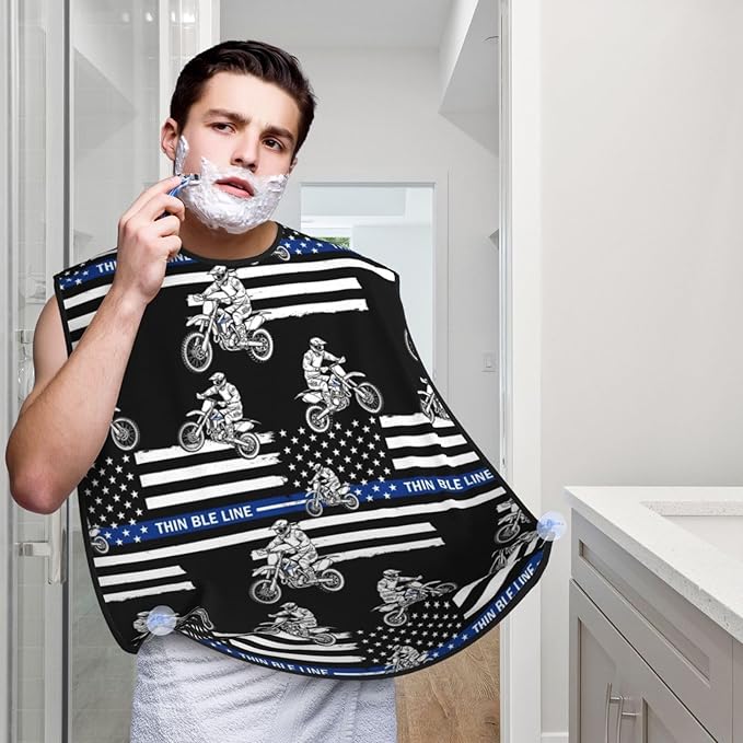 Beard Apron Hair Catcher, Thin Blue Line American Flag Motorcycle Dirt Bike Shave Bib, Waterproof Non-Stick Shaving Bib, Trimming Grooming Tool for Dad Men Anniversary