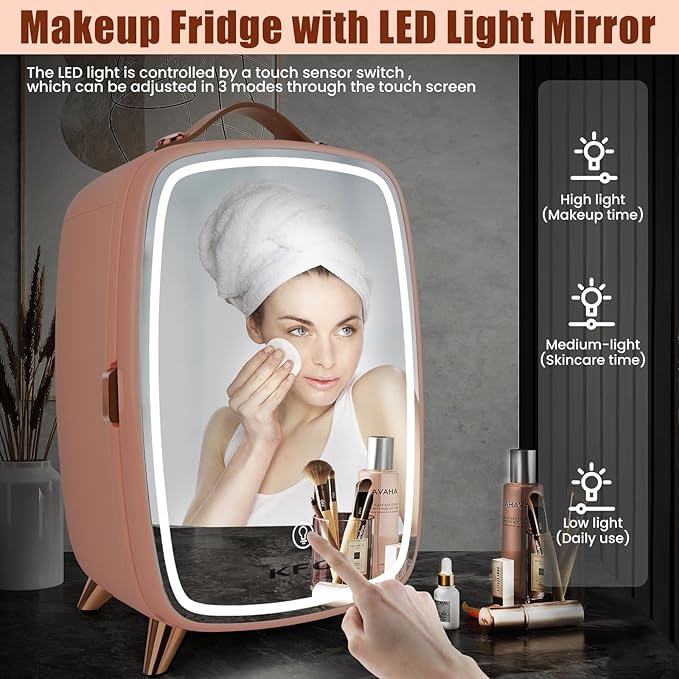 KFO Skincare Fridge 6L with Mirror and Light（3-Light Mode） | Pro-Style Beauty Fridge for Bedroom & Makeup | 6°C Cooling + 20dB Ultra-Quiet | 8-Can Drink and Cosmetic Storage & Adjustable Shelf