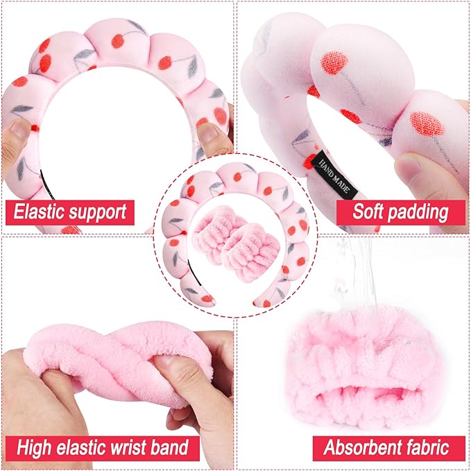 Zkptops Spa Headband for Washing Face Wristband Set Sponge Makeup Skincare Headband Velvet Fabric Bubble Soft Get Ready Hairbands for Women Puffy Headwear Non Slip Thick Thin Hair Accessory (Cherries)