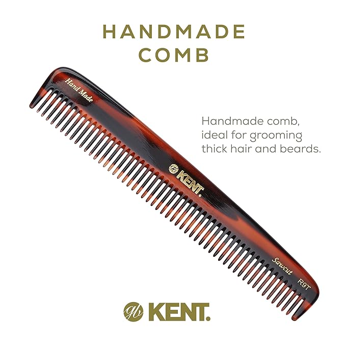 Kent R9T All Coarse Hair Detangling Comb Wide Teeth Dressing Table for Thick Curly Wavy Hair. Detangler Comb for Grooming and Styling, for Beard and Mustache, Handmade Saw-Cut and Polished
