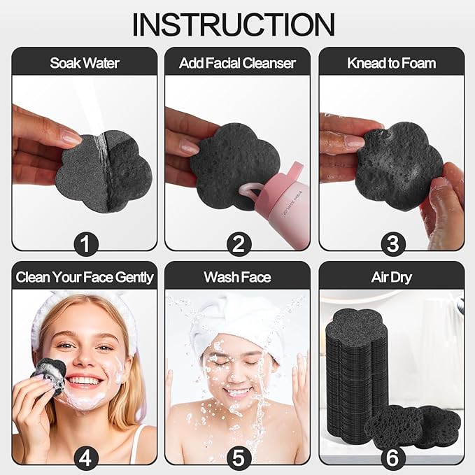 100-Count Facial Sponges Compressed Facial Sponges Natural Facial Cleansing Sponges Pads Cute Flower Shape Exfoliating Sponges for Cleansing Reusable,Best Makeup Gift, Black