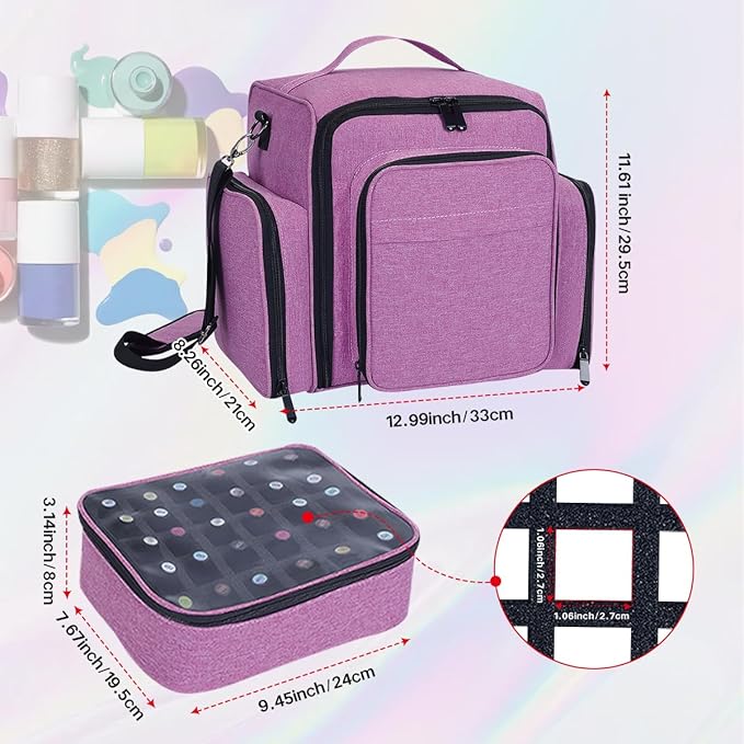 Nail Polish Organizer Holds 60 Bottles and a Nail Lamp,Portable Travel Case with 2 Removable Bags and Tools Storage Pockets Purple