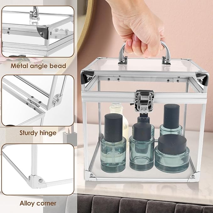 Makeup Box,Clear Cosmetic Case with Latches and Handle Large Capacity Toiletry Organizer Box Travel Makeup Tools for Vanity Bathroom Counter Dresser(silver)