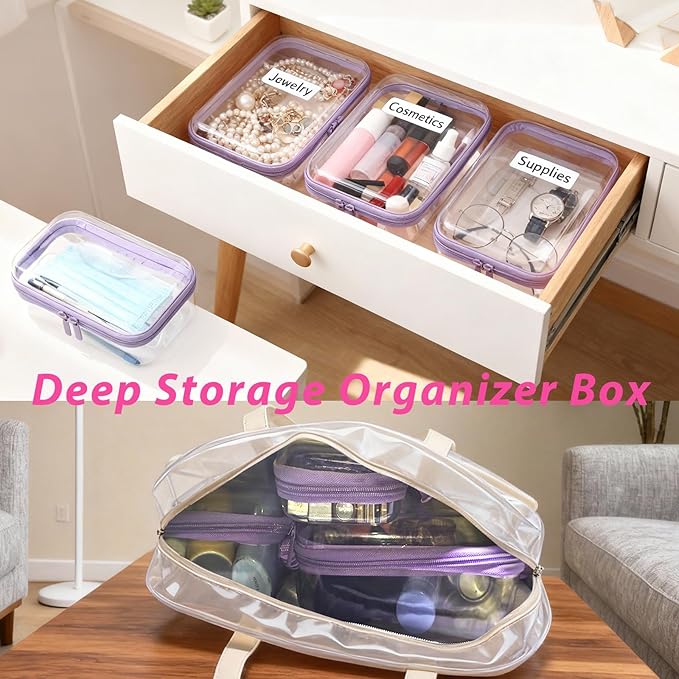 3 Pack Clear Hard Shell Zipper Case with Handle Waterproof Plastic Storage Pouches for Toiletry Makeup Cosmetic Toys Art Supplies Case Bag Organizer Travel
