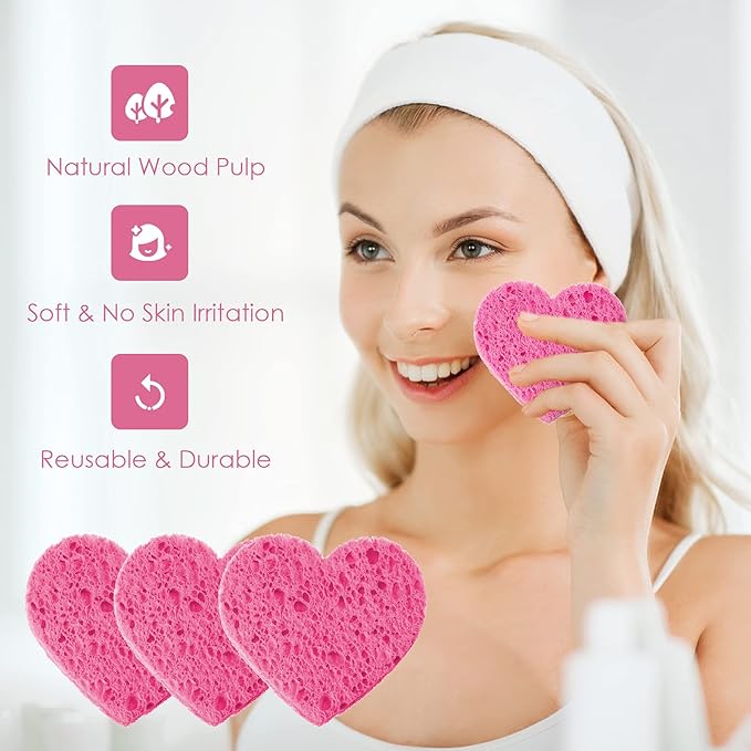 Nuenen 60 Pieces Facial Sponges with Container, Heart Shape Compressed Face Sponges Natural Cleaning Pads for Washing Face Cleaning Exfoliating Esthetician Makeup Removal(Pink)