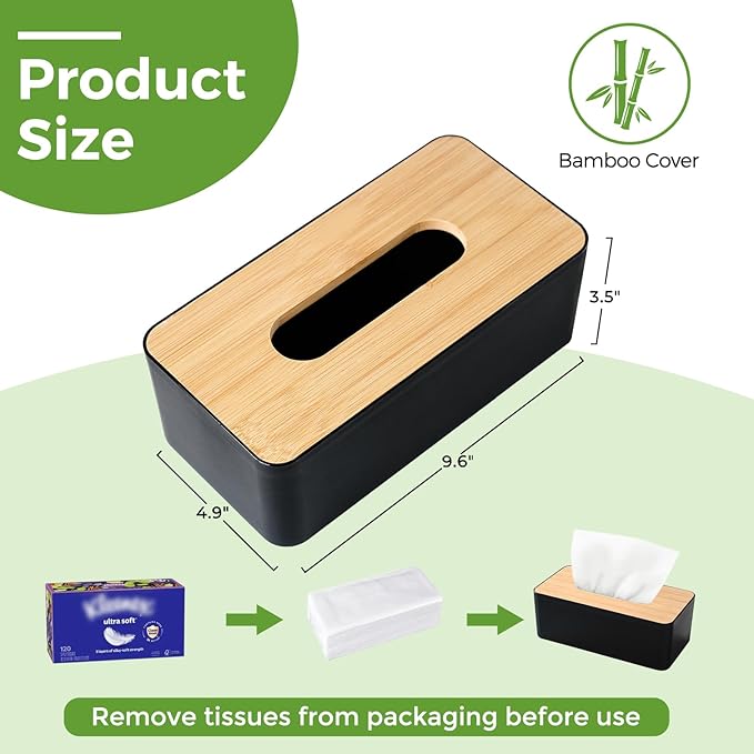Tissue Box Cover, Rectangle Tissue Box Holder with Bamboo Cover Plate for Bathroom Bedroom, Decorative Tissue Box Covers for Home Decor Office, Black