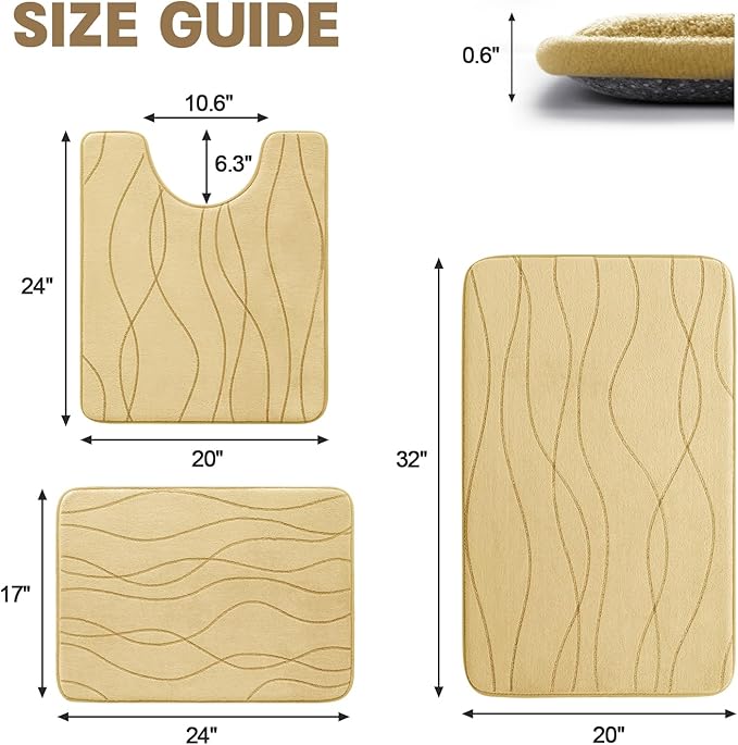 YIHOUSE Memory Foam Bathroom Rug Sets 3 Piece, Ultra Absorbent Bath Mat for Bathroom - Non-Slip Machine Washable & Dry Quickly, 3 Piece Bathroom Mat Set, Beige
