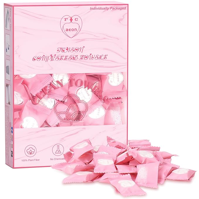 Compressed Towel Tablets 100 Count Disposable Face Towel Individually Wrapped 9×7.5 Inch Portable Washcloths Compact Cloths for Travel Essentials Camping Hotel Makeup Removal Cleaning (Pink)