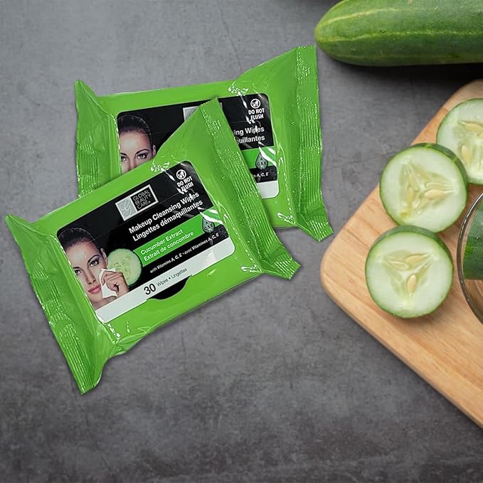 Global Beauty Care Cucumber Makeup Remover Wipes with Vitamins A C E For Cooling Skin Support - Facial Cleansing Towelettes Remove Waterproof Mascara, Oil & Dirt, All Skin Types 120 Count (4-Pack)