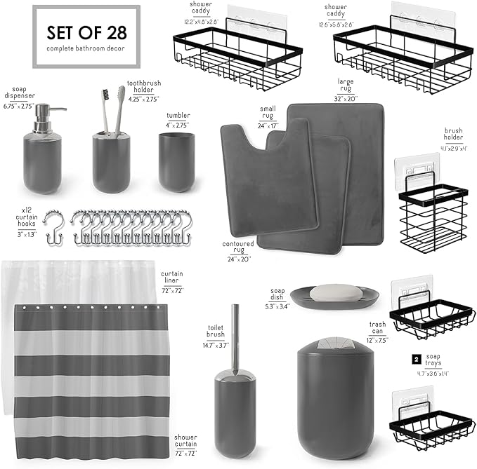 Clara Clark Bathroom Accessories Set - 28PC Bathroom Set with Adhesive Corner Shower Caddy Hanging, Bathroom Sets with Shower Curtain and Rugs, Grey Shower Curtain Set with Bathroom Trash Can