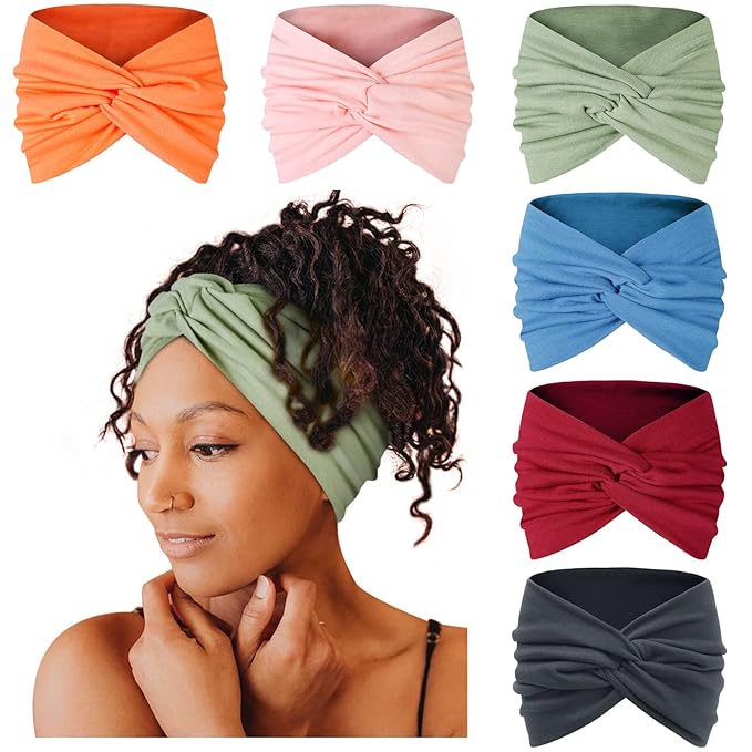 Tobeffect Wide Headbands for Women, 7'' Extra Large Turban Headband Boho Cloth Hairband Colorful Hair Twisted Knot Accessories, 6 Pack
