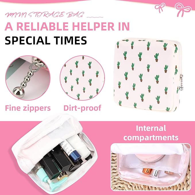 Sanitary Napkin Storage Bag,Period Bag,Portable Period Bag for Teen Pads Sanitary Napkins Small Tampons First Period Gifts for School Hygiene Bags Travel Containers (Cactus)